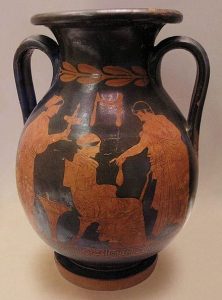 رسم لبائعة هوى يونانية مع أحد زبائنها على إناء يوناني يعود تاريخه إلى عام 430 قبل الميلاد، موجود في المتحف الأثري الوطني في أثينا.